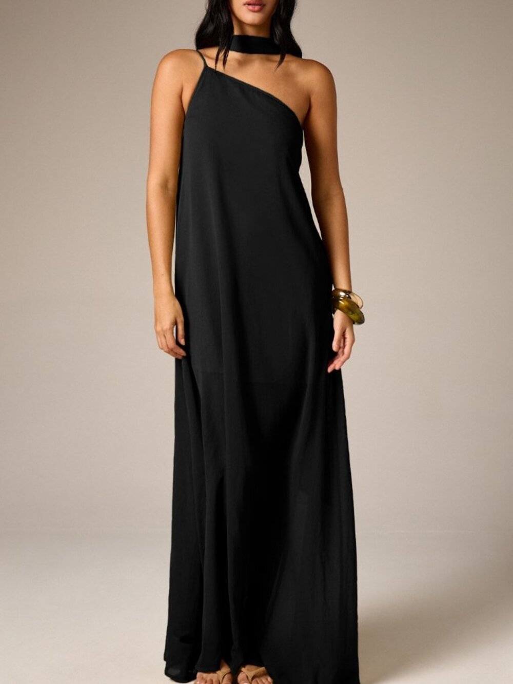 Black Elegant Women's Asymmetric One Shoulder Flowing Maxi Dress